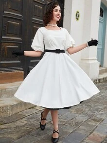 MUXXN Square Neck Puff Sleeve Buckle Belted Dress - White - View 3