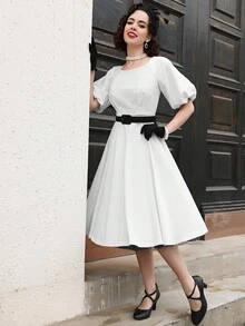 MUXXN Square Neck Puff Sleeve Buckle Belted Dress - White - View 5