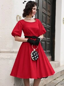 MUXXN 方領泡泡袖洋裝不附腰帶