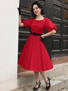 MUXXN 方領泡泡袖洋裝不附腰帶