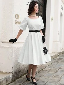 MUXXN Square Neck Puff Sleeve Buckle Belted Dress - White - View 6