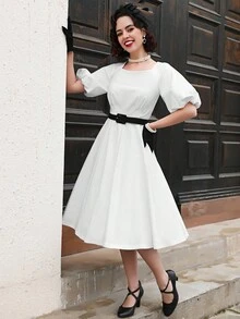MUXXN Square Neck Puff Sleeve Buckle Belted Dress - White - View 7