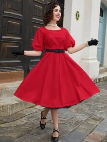 MUXXN 方領泡泡袖洋裝不附腰帶