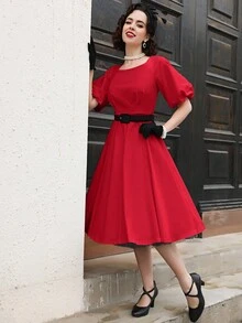 MUXXN 方領泡泡袖洋裝不附腰帶