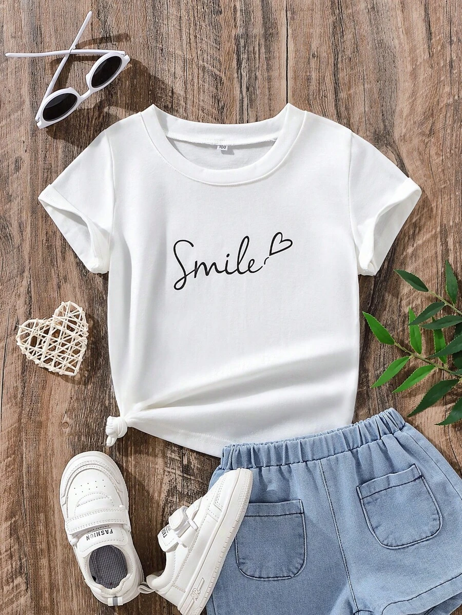 SHEIN Tops con gái lớn Tim Lá thư Giải trí - trắng - Xem 1