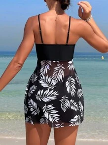 Swim Lushoire Tropical Print Drawstring Swim Dress,Summer Beach - Black and White - View 2