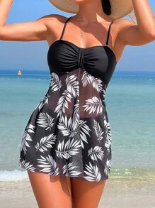 Swim Lushoire Tropical Print Drawstring Swim Dress,Summer Beach - Black and White - View 3