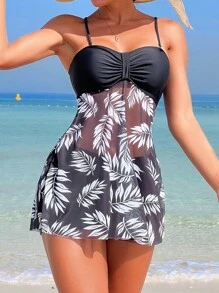 Swim Lushoire Tropical Print Drawstring Swim Dress,Summer Beach - Black and White - View 4