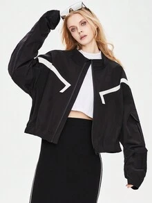 JAZZEVAR Contrast Panel Drop Shoulder Zipper Jacket - Black - View 1