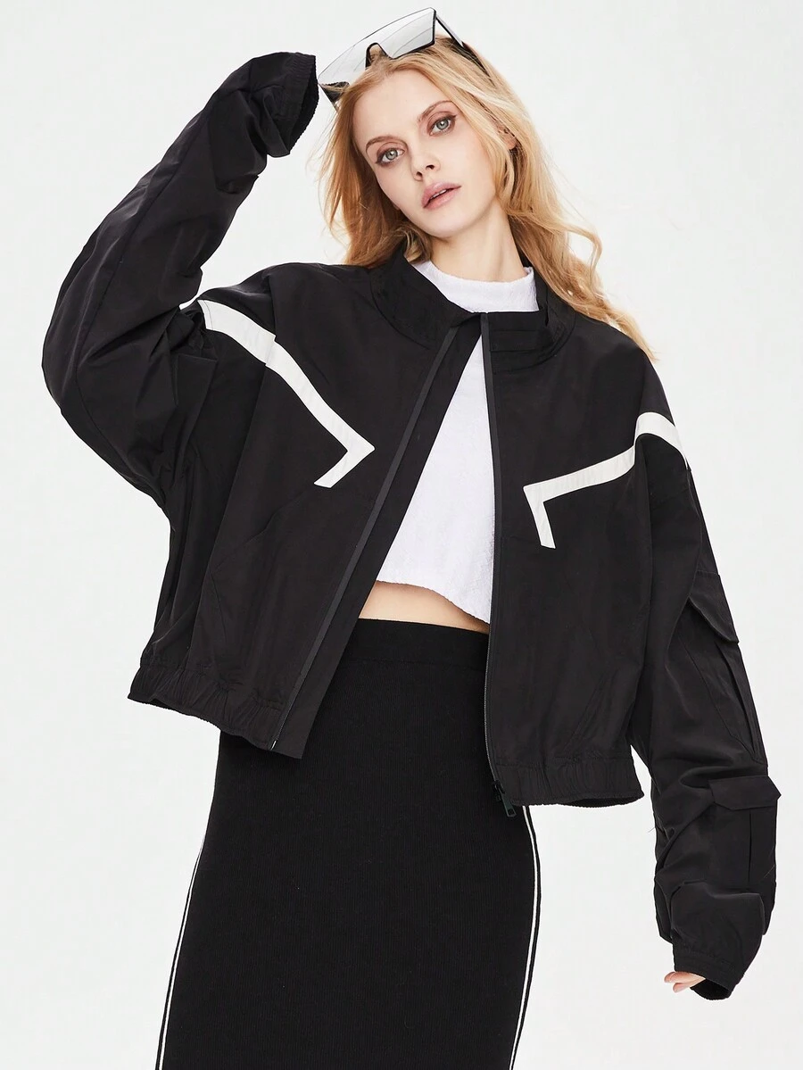 JAZZEVAR Contrast Panel Drop Shoulder Zipper Jacket - Black - View 1