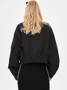 JAZZEVAR Contrast Panel Drop Shoulder Zipper Jacket - Black - View 2