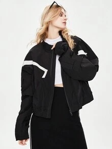 JAZZEVAR Contrast Panel Drop Shoulder Zipper Jacket - Black - View 3