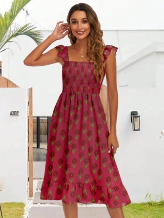 Allover Floral Print Ruffle Trim Dress