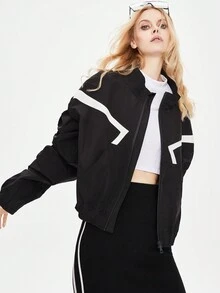 JAZZEVAR Contrast Panel Drop Shoulder Zipper Jacket - Black - View 5