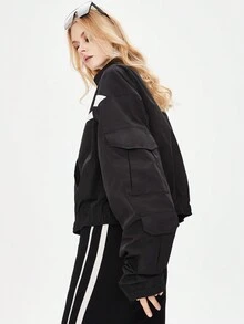 JAZZEVAR Contrast Panel Drop Shoulder Zipper Jacket - Black - View 6