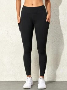 素色緊縮褶皺臀部寬腰帶彈力跑步瑜伽打底褲 - 黑色 - 查看 3