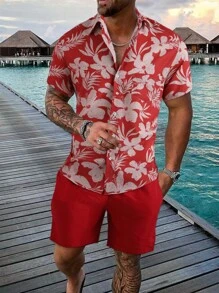 Manfinity RSRT Men Floral Print Shirt & Drawstring Waist Shorts Without Tee - Burgundy - View 1