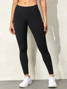 素色緊縮褶皺臀部寬腰帶彈力跑步瑜伽打底褲 - 黑色 - 查看 4