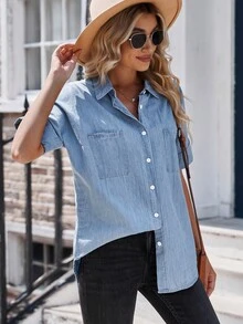 CILKOO 口袋貼布前排扣牛仔襯衫