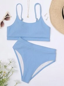 SHEIN Swim Ribbed Bikini Set Wireless Bra Top & High Waist Bikini Bottom 2 Pieces Bikini Summer Beach - Dusty Blue - View 4