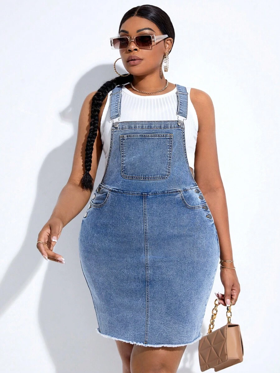 SHEIN SXY 休閒鈕扣 口袋 不收邊純色大碼牛仔裙 - 淺色水洗藍 - 查看 1