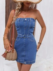 SHEIN Frenchy Váy denim nữ Thắt lưng Nút Dây kéo màu trơn Gợi cảm - Rửa trung bình - Xem 3