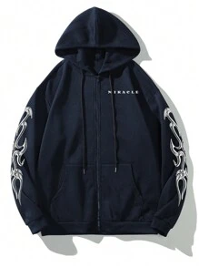 Manfinity EMRG Loose Fit Men's Letter Graphic Front Zip Hoodie With Drawstring And Thermal Lining, Without T-Shirt - Navy Blue - View 4