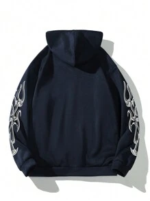 Manfinity EMRG Loose Fit Men's Letter Graphic Front Zip Hoodie With Drawstring And Thermal Lining, Without T-Shirt - Navy Blue - View 6