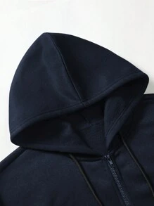 Manfinity EMRG Loose Fit Men's Letter Graphic Front Zip Hoodie With Drawstring And Thermal Lining, Without T-Shirt - Navy Blue - View 7