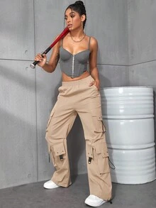 翻蓋口袋抽繩下擺闊腿工裝降落傘褲 - 卡其色 - 查看 4