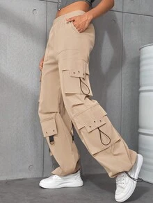 翻蓋口袋抽繩下擺闊腿工裝降落傘褲 - 卡其色 - 查看 5