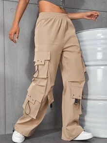 翻蓋口袋抽繩下擺闊腿工裝降落傘褲 - 卡其色 - 查看 6