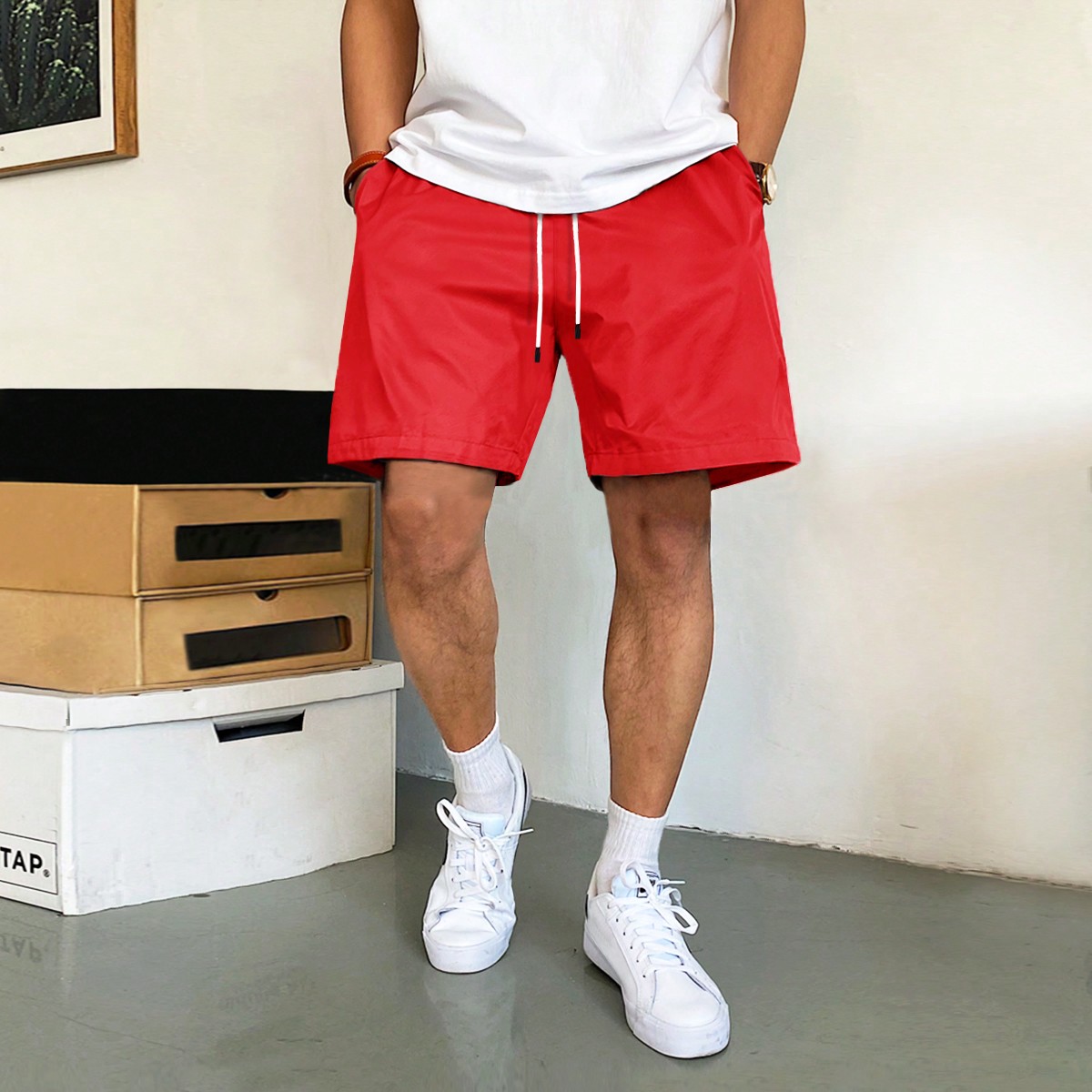 Pantalones cortos holgados para hombre con cintura con cordón y bolsillos en diagonal