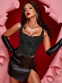 Grommet Lace Up Front Bandana Hem Crop Corset Shapewear Top - Black - View 3