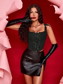 Grommet Lace Up Front Bandana Hem Crop Corset Shapewear Top - Black - View 4