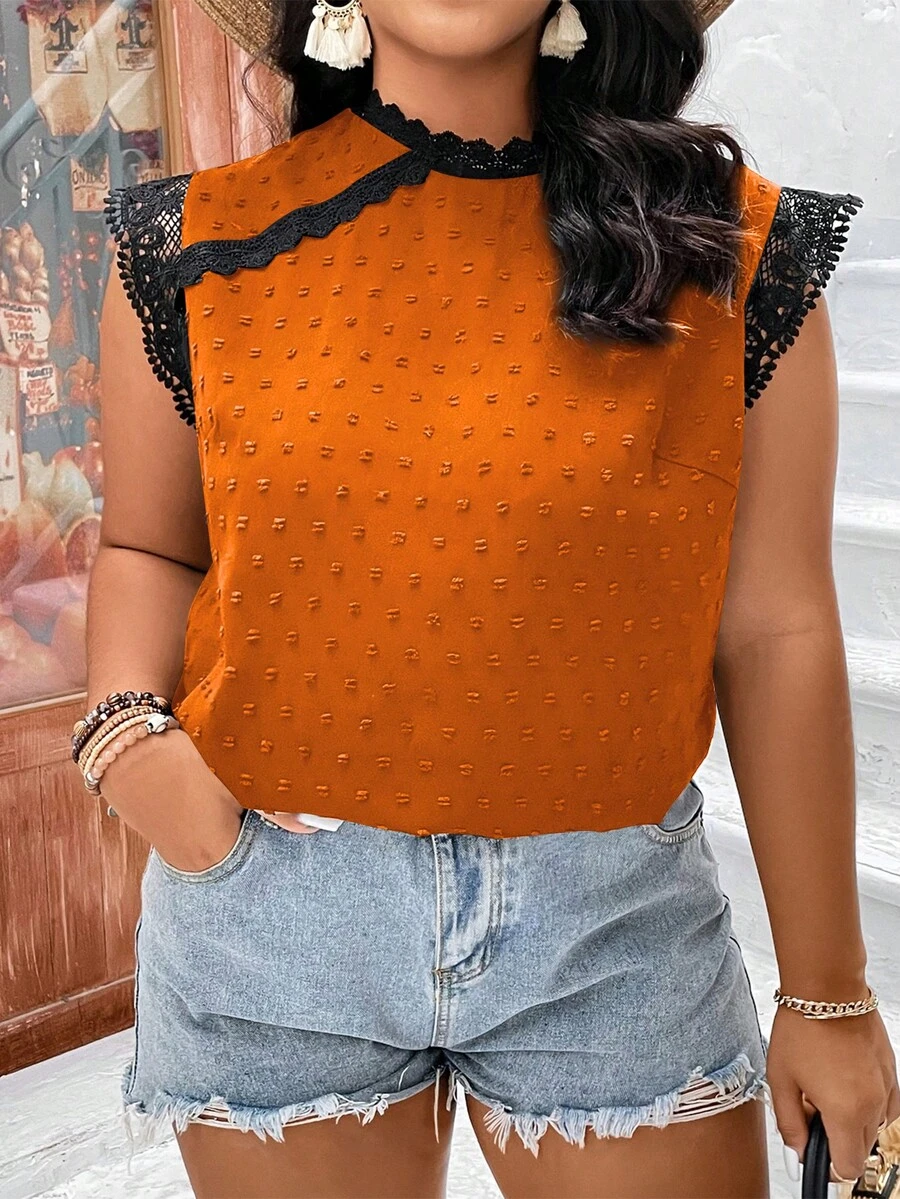 SHEIN Clasi Áo sơ mi Plus Size Tương phản ren Buộc lại Khối Màu Giải trí - trái cam - Xem 1