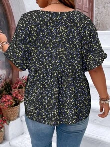 Breezaya 大碼碎花蝙蝠袖襯衫 - 黑色 - 查看 2