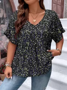 Breezaya 大碼碎花蝙蝠袖襯衫 - 黑色 - 查看 4