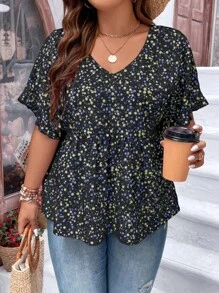 Breezaya 大碼碎花蝙蝠袖襯衫 - 黑色 - 查看 5