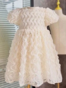 Teen Girl Puff Sleeve Dress - Beige - View 1