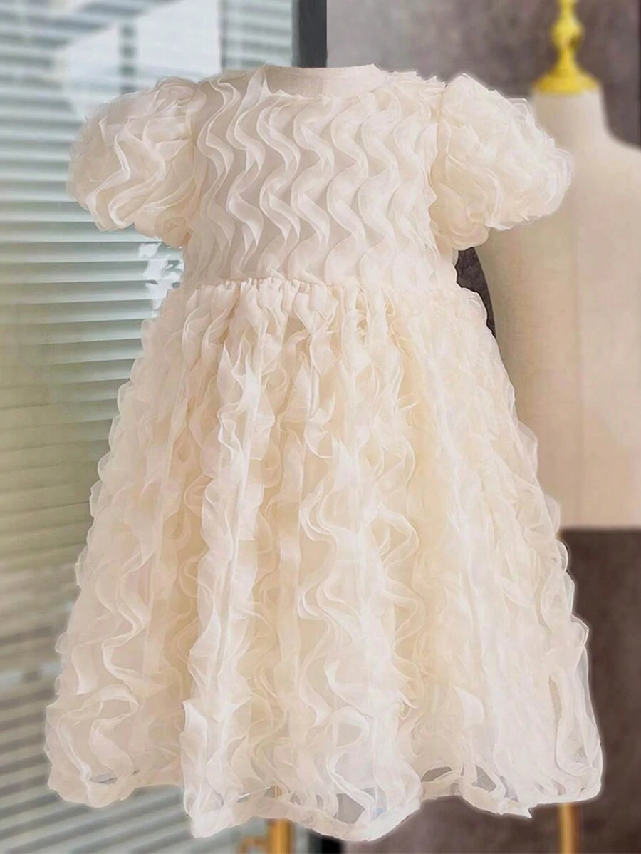 Teen Girl Puff Sleeve Dress - Beige - View 1