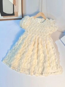Teen Girl Puff Sleeve Dress - Beige - View 2