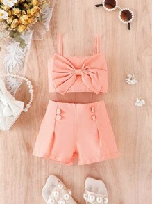 嬰兒前蝴蝶結吊帶上衣和3D設計短褲套裝 - 珊瑚粉 - 查看 1