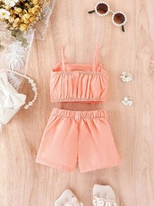 嬰兒前蝴蝶結吊帶上衣和3D設計短褲套裝 - 珊瑚粉 - 查看 2