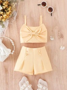 女嬰前蝴蝶結吊帶上衣和褶皺面料短褲 - 杏色 - 查看 1