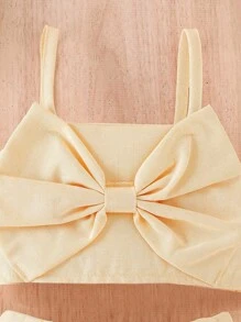 女嬰前蝴蝶結吊帶上衣和褶皺面料短褲 - 杏色 - 查看 3