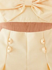 女嬰前蝴蝶結吊帶上衣和褶皺面料短褲 - 杏色 - 查看 4