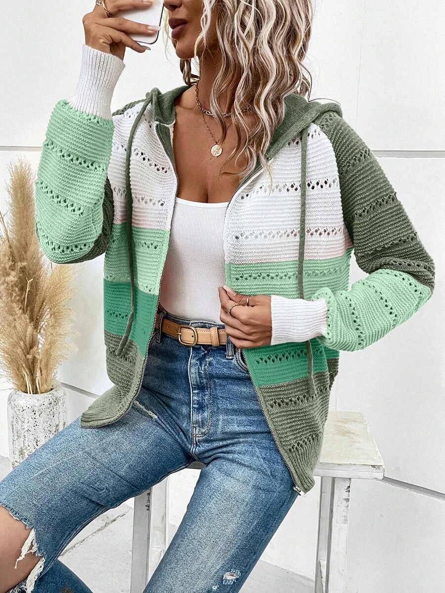 SHEIN LUNE 撞色插肩袖抽繩連帽網眼針織拉鍊開襟衫 - 彩色 - 查看 1