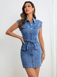 SHEIN Essnce Flap Detail Belted Shirt Denim Dress - Medium Wash - View 4