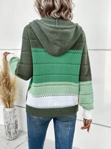 SHEIN LUNE 撞色插肩袖抽繩連帽網眼針織拉鍊開襟衫 - 彩色 - 查看 2